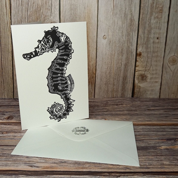 Handmade Seahorse Lino Print Greetings Card - Recycled Card