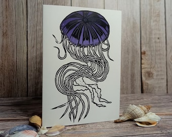 Handmade Jellyfish Card: Fine Art Lino Print on Recycled Card
