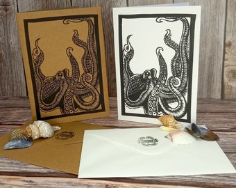 Octopus Linocut Card: Handmade Fine Art Print, Blank Inside