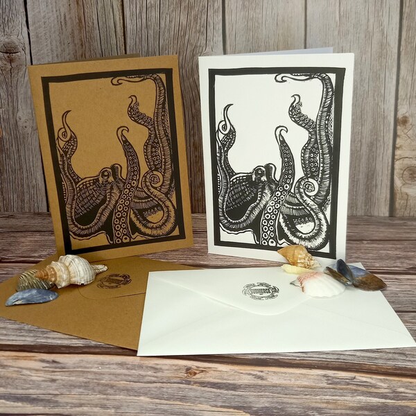 Octopus Linocut Card: Handmade Fine Art Print, Blank Inside