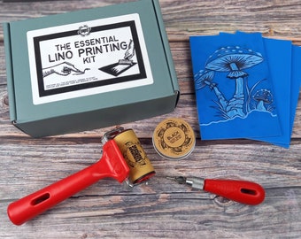 Essentials Lino printing craft kit with illustrated guide, carving tools, lino, ink and roller. Everything needed is in the box.
