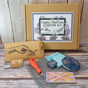 Fabric printing premium craft kit using lino with step by step guide and genuine Essdee fabric printing roller