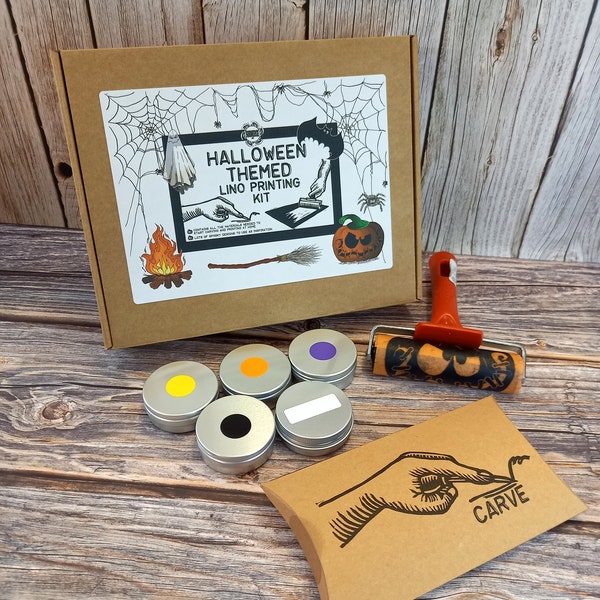 Halloween "SPOOKY" Themed Lino printing craft kit with step by step illustrated guide