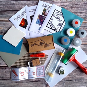 Lino printing premium craft kit complete with 3 projects with step by step guides and everything you need to complete them