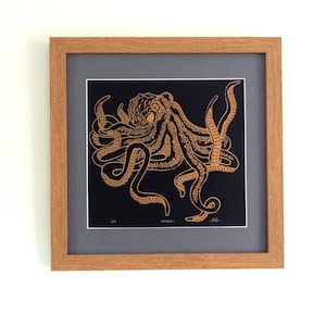 Gold Octopus Lino Print: Limited Edition Fine Art on Black Paper