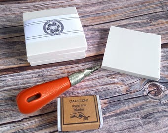 Fabric printing lino stamp blocks - double sided, white, easy carve  (8cm x 8cm - 3 pack)