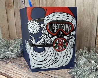 Scuba Santa hand printed Christmas greetings card and wall decoration. Original multi block Lino print on dark blue card (blank inside)