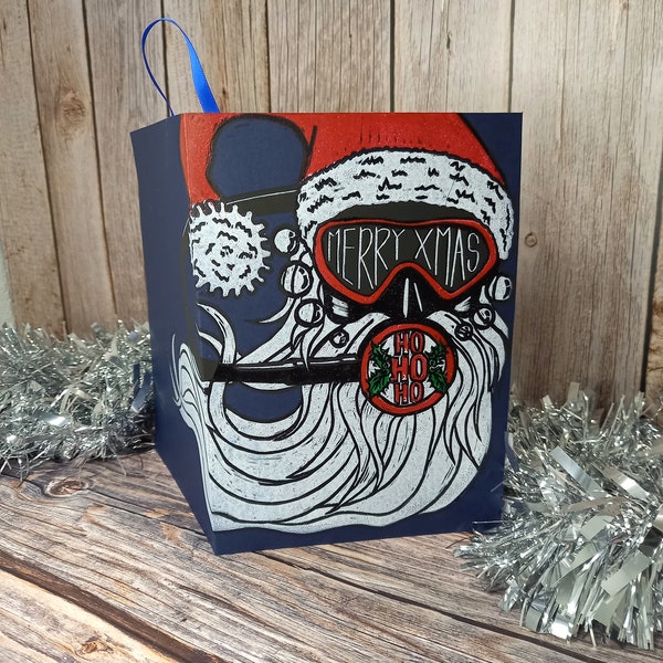 Scuba Santa hand printed Christmas greetings card and wall decoration. Original multi block Lino print on dark blue card (blank inside)