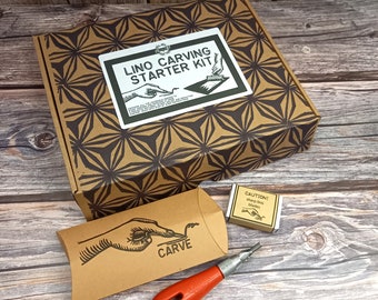 Premium Lino stamp carving & printing craft kit with 3 projects with illustrated guides, 3 types lino stamps, 5 ink colours.