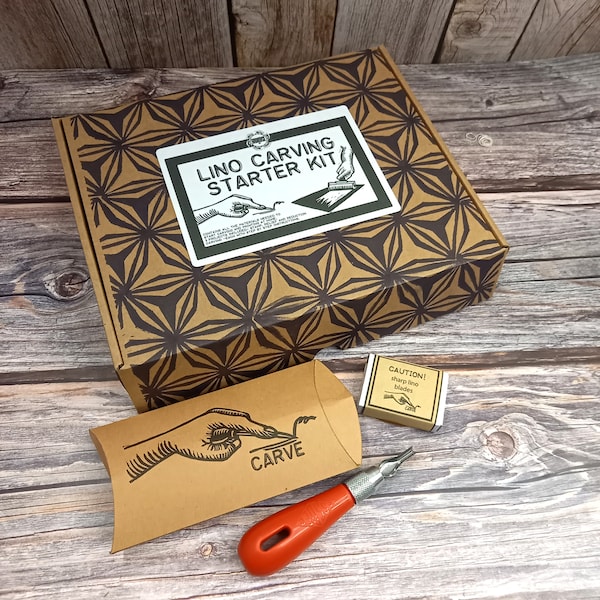 Premium Lino stamp carving & printing craft kit with 3 projects with illustrated guides, 3 types lino stamps, 5 ink colours.