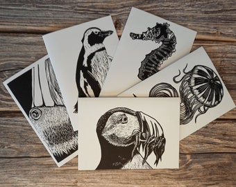 5  Sea themed greetings cards (blank inside) Original handmade Fine Art Lino prints