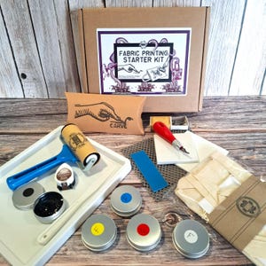 Kit artigianale premium per la stampa su tessuto con linoleum, con guida passo passo e rullo per stampa su tessuto Essdee originale.