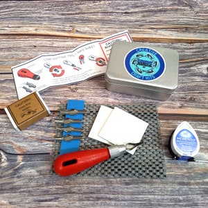 Mini lino carving and printing craft kit in handy tin