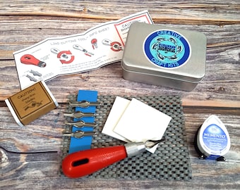 Mini lino carving and printing craft kit in handy tin