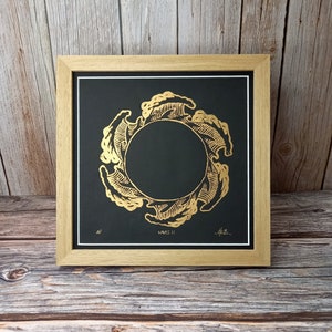 Gold or Silver circular Wave Lino Print, on high quality black paper