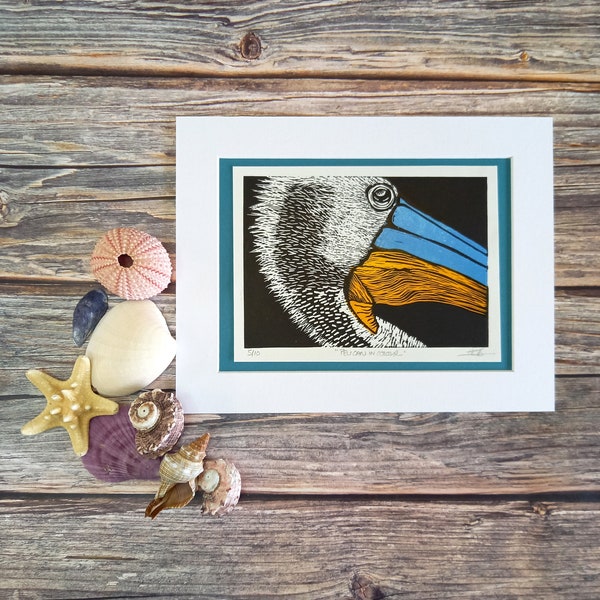 Pelican Head Lino Print: Limited Edition Multi Block Art