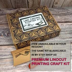 Premium Linocut stamp printing craft kit with 3 projects with illustrated guides, 3 types lino stamps, 5 ink colours.