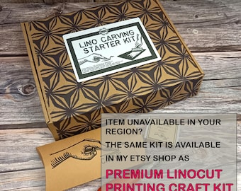 Premium Lino stamp printing craft kit with 3 projects with illustrated guides, 3 types lino stamps, 5 ink colours.