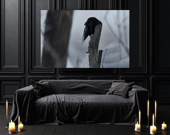 May include: A black raven perched on a weathered tree stump against a cloudy sky. The raven is facing away from the camera, with its head turned to the side. The background is blurred, creating a sense of depth.