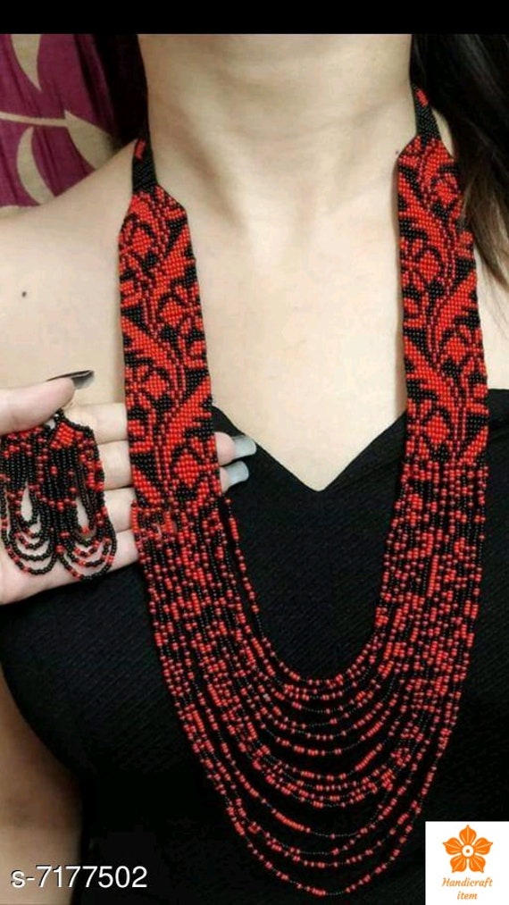 Chunky|Ethnic Tribal Ukrainian Gerdan Necklace Unique Red &Black Necklace African Woman Necklace with earring,for gifted