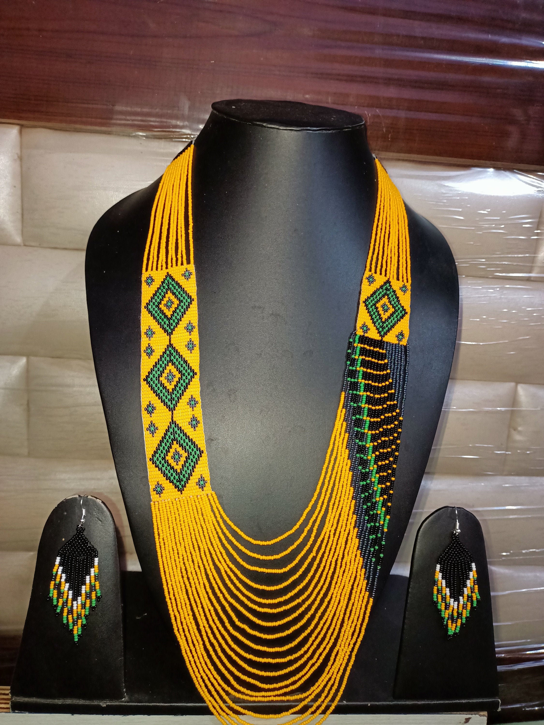 African Beads Necklace | Traditional  Elegant Massai Jewellery | Ethnic Necklace With Earrings Set | Layered Yellow Ukrainian Necklace Set