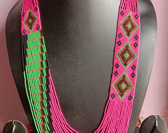 African Seed Bead Necklace & Earrings: Maasai Ethnic Jewelry