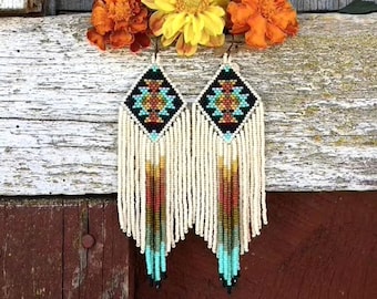 Bunte Perlenarbeit Ohrringe | Boho Ohrringe für sie | Perlen Ohrringe | Ethnische Ohrringe American Native Samen Perlen Ohrringe | Fransen Ohrringe