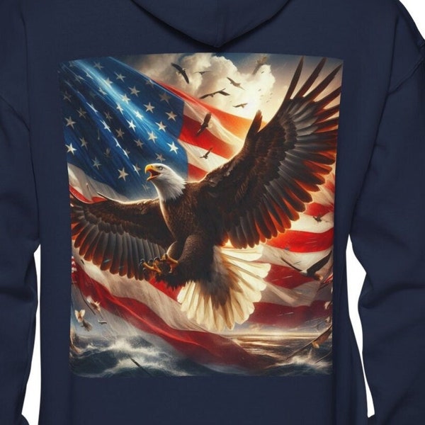 American Flag Hoodie with Bald Eagle Design - Patriotic Sweatshirt for Independence Day, for Memorial Day, and 4th of July Celebrations