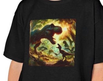 恐竜Tシャツ | T-Rexとヴェロキラプトルのプリント、子供向け古生物学ギフト