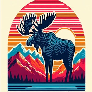 Vintage Moose Sunset T-Shirt - Majestic Mountain Wildlife Graphic Tee for Outdoor Enthusiasts, Nature Lovers, Camping and Adventure Wear