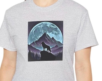 ウルフシルエットTシャツ、満月の山のプリント、自然愛好家へのギフト