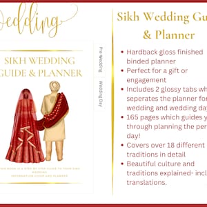 May include: A guide and planner for Sikh weddings. The cover features a couple in traditional wedding attire, with the text "Sikh Wedding Guide & Planner" in gold lettering.