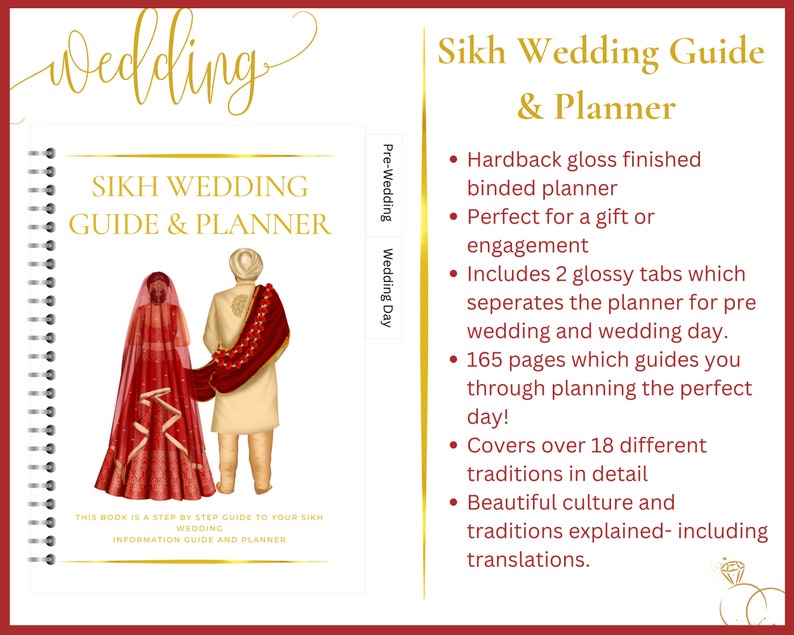 May include: A guide and planner for Sikh weddings. The cover features a couple in traditional wedding attire, with the text "Sikh Wedding Guide & Planner" in gold lettering.