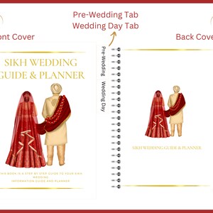 May include: A white spiral bound planner with a red and gold illustration of a Sikh wedding couple on the front cover. The text "Sikh Wedding Guide & Planner" is printed on the front cover. The planner has tabs for "Pre-Wedding" and "Wedding Day".