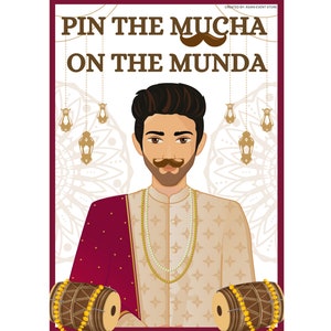 May include: A game called "Pin the Mucha on the Munda" featuring a cartoon illustration of a man wearing a traditional Indian outfit with a moustache. The game includes a brown and gold drum with yellow beads.