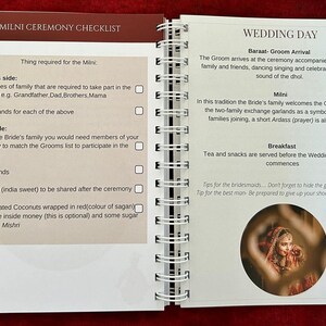 May include: A checklist for a traditional Indian wedding ceremony, with a checklist for the Milni ceremony and a checklist for the wedding day. The checklist includes items like garlands, mithai, and decorated coconuts. The image also includes a photo of a bride in a red and gold sari.