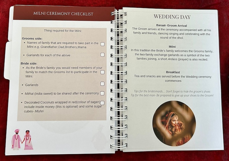 May include: A checklist for a traditional Indian wedding ceremony, with a checklist for the Milni ceremony and a checklist for the wedding day. The checklist includes items like garlands, mithai, and decorated coconuts. The image also includes a photo of a bride in a red and gold sari.