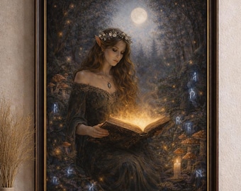 May include: A framed artwork depicts a woman with long, wavy hair wearing a floral crown and a dark dress, reading a glowing book in a moonlit forest. The painting has a mystical theme with a candle and runes.
