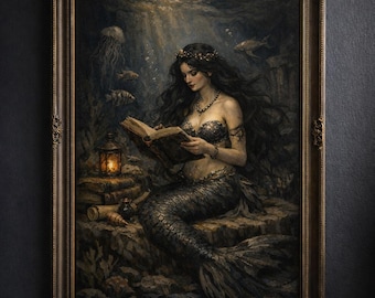 May include: A framed painting depicts a mermaid reading a book underwater, illuminated by a lantern. The mermaid has long dark hair and a scaled tail. The artwork is in a dark, moody style with a vintage aesthetic.