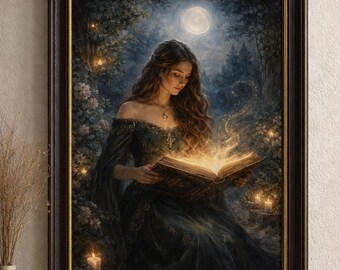 May include: A framed art print depicts a woman reading a glowing book in a moonlit forest. The artwork features a dark color palette with gold accents, candles, and a detailed forest background. The print is framed in a dark brown frame with a gold inner border.