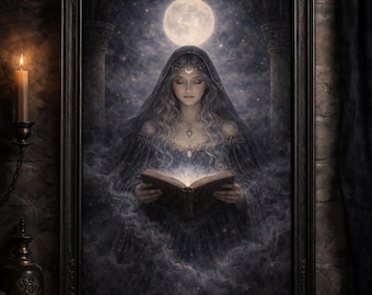 Moonlit Sorceress Matte Vertical Poster | Mystic Witch, Spellbook Art