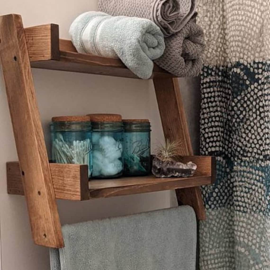 Bathroom Ladder Shelf with Towel Bar Wooden Bathroom Ladder Etsy