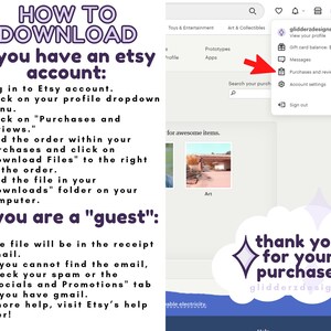 Op de afbeelding: Een instructieve afbeelding getiteld HOW TO DOWNLOAD met stappen voor Etsy-accounthouders en gasten. Het bevat een screenshot van het Etsy-profielmenu met rode pijlen die wijzen naar het profielpictogram en Purchases and reviews.