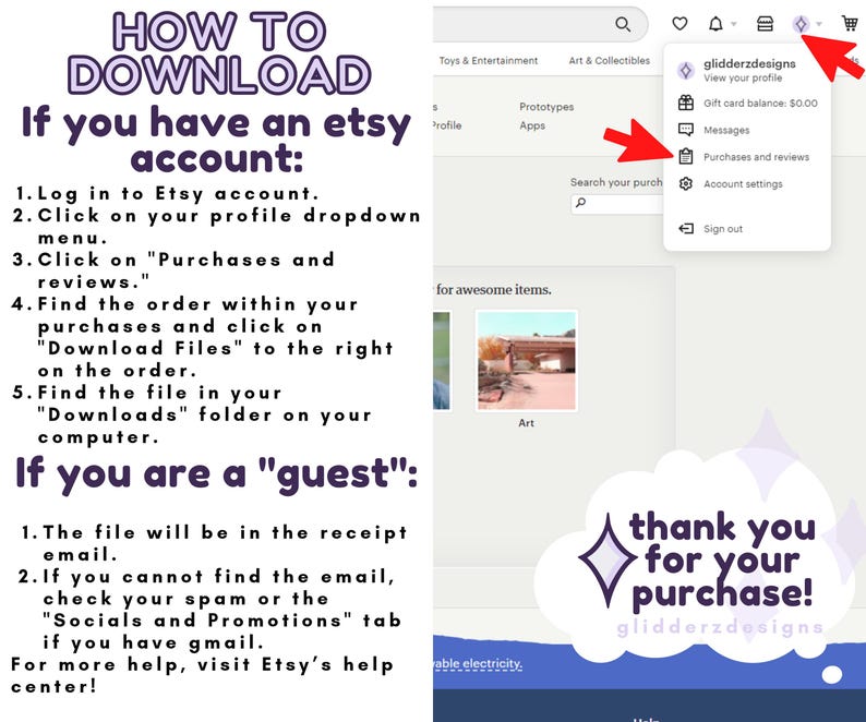 Op de afbeelding: Een instructieve afbeelding getiteld HOW TO DOWNLOAD met stappen voor Etsy-accounthouders en gasten. Het bevat een screenshot van het Etsy-profielmenu met rode pijlen die wijzen naar het profielpictogram en Purchases and reviews.