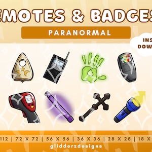 Könnte beinhalten: Ein Satz von acht paranormalen digitalen Emojis und Abzeichen. Die Emojis beinhalten eine Ouija-Planchette, ein Handfunkgerät, einen grünen Geisterhandabdruck, ein Geistermessgerät, eine Wärmebildkamera, einen violetten Leuchtstab, ein schwarzes Kreuz und eine Taschenlampe.