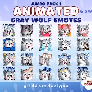 Wolf ANIMATED Emotes Jumbo Pack 1 | 20 Gray Wolf Twitch Emotes | 20 Static AND Animated Wolf Emotes | Wolf Discord Emotes
