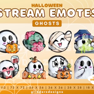 May include: Set of eight Halloween ghost emoticons in various poses, including a ghost holding a pumpkin, a ghost with a bandage, and a ghost holding a cauldron. The emoticons are in different sizes, ranging from 18 x 18 pixels to 112 x 112 pixels. The text "HALLOWEEN STREAM EMOTES GHOSTS" is at the top of the image.