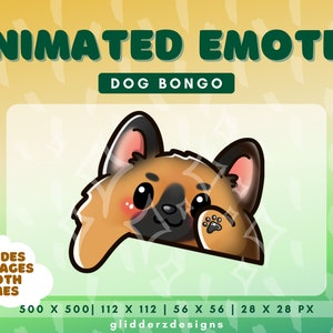 May include: Animated emote featuring a cartoon dog with brown and black fur, peeking out with a paw visible. The text "ANIMATED EMOTES" and "DOG BONGO" are displayed above the image. Includes PNG images of both frames.