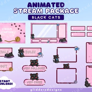 Pink ANIMATED Stream Package | Cat Stream Package | Black Cat Twitch Package | Cat Overlay Package | Animated Cat Twitch Overlay Package