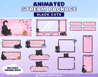 Paquete Pink ANIMATED Stream / Paquete Cat Stream / Paquete Black Cat Twitch / Paquete Cat Overlay / Paquete Animado Cat Twitch Overlay